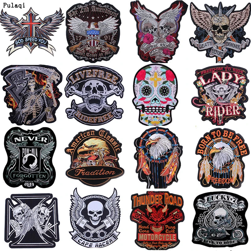 Pulaqi Punk Big Skull Motorcycle Iron On Embroidered — main product photo