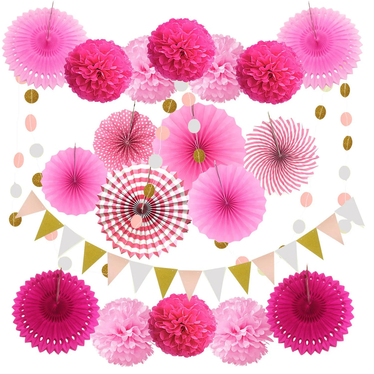 21 pcs Paper Fans Bunting Flags Pom Poms — product photo 3 of 6