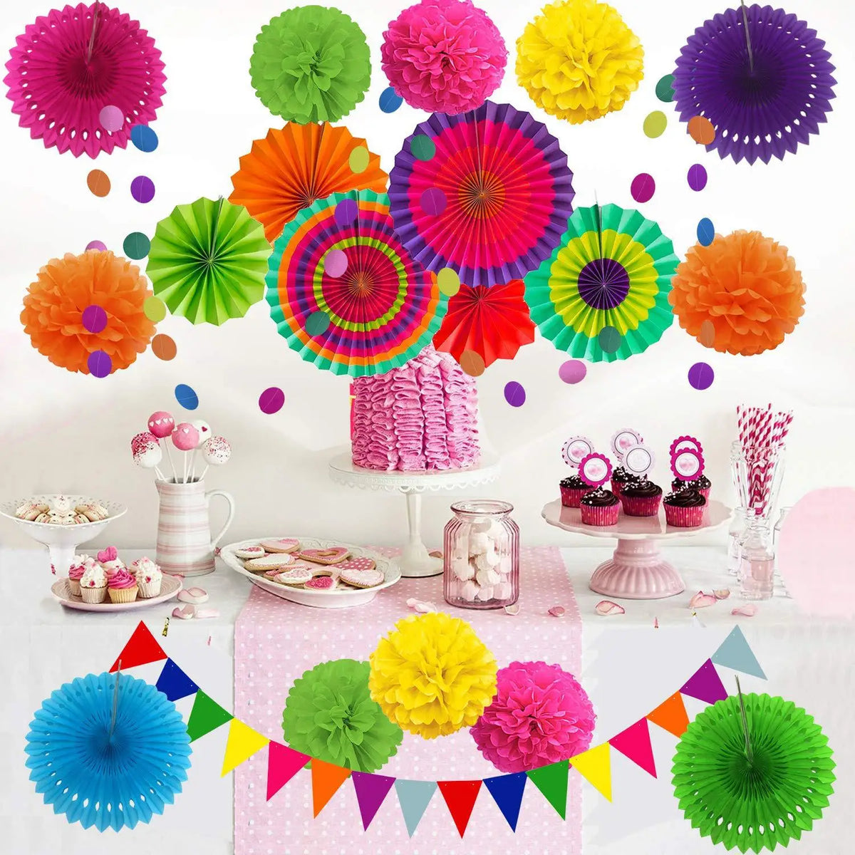 21 pcs Paper Fans Bunting Flags Pom Poms — product photo 2 of 6