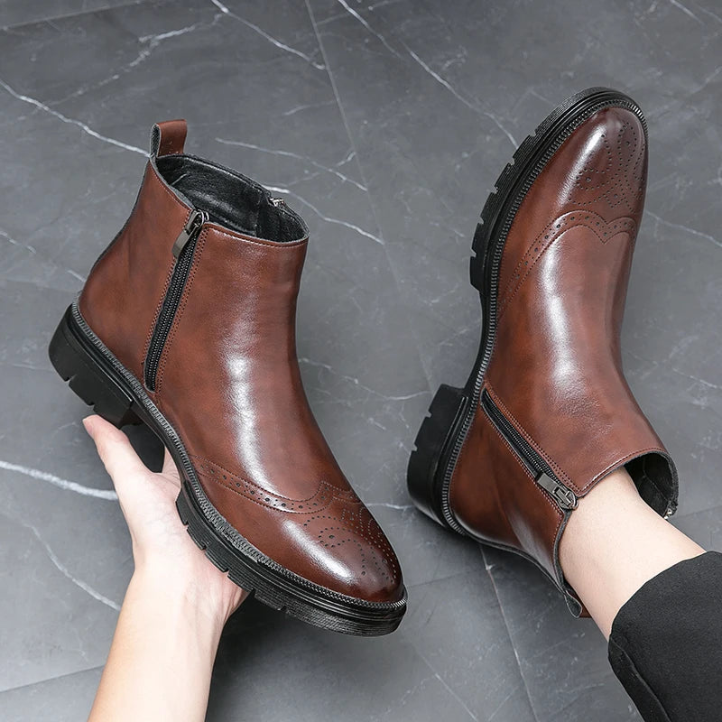 Double Zipper Casual Leather Luxury Brogue Mens Designer