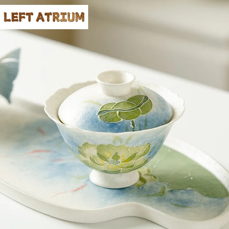 100ml Chinese Ceramic Gaiwan Hand-painted Green Flower Teacup — product photo 5 of 6