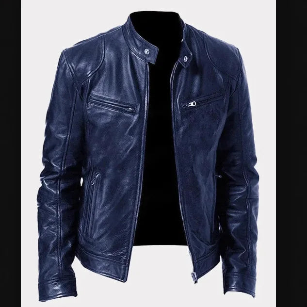 Fashion Men Stand Collar Motorcycle Leather Jackets Multi-pockets — product photo 2 of 6