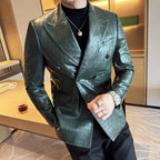 High Quality Square Grid Double Breasted Leather Jacket — product photo 3 of 6