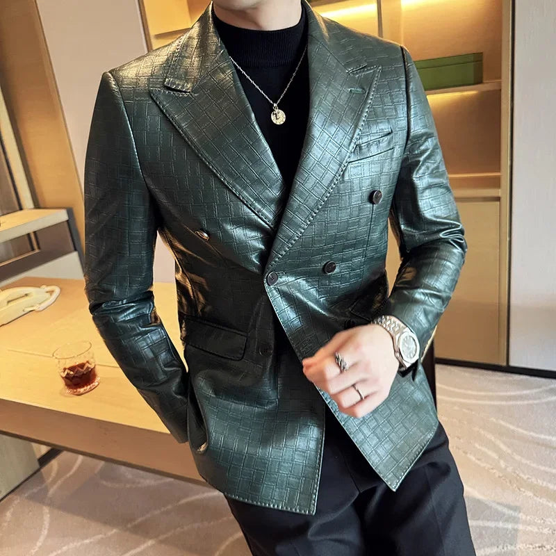 High Quality Square Grid Double Breasted Leather Jacket — product photo 3 of 6