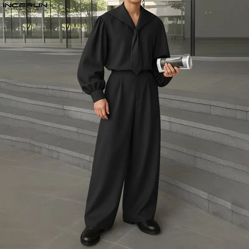 INCERUN Men Sets Solid Oversize Navy Collar Long — product photo 3 of 6