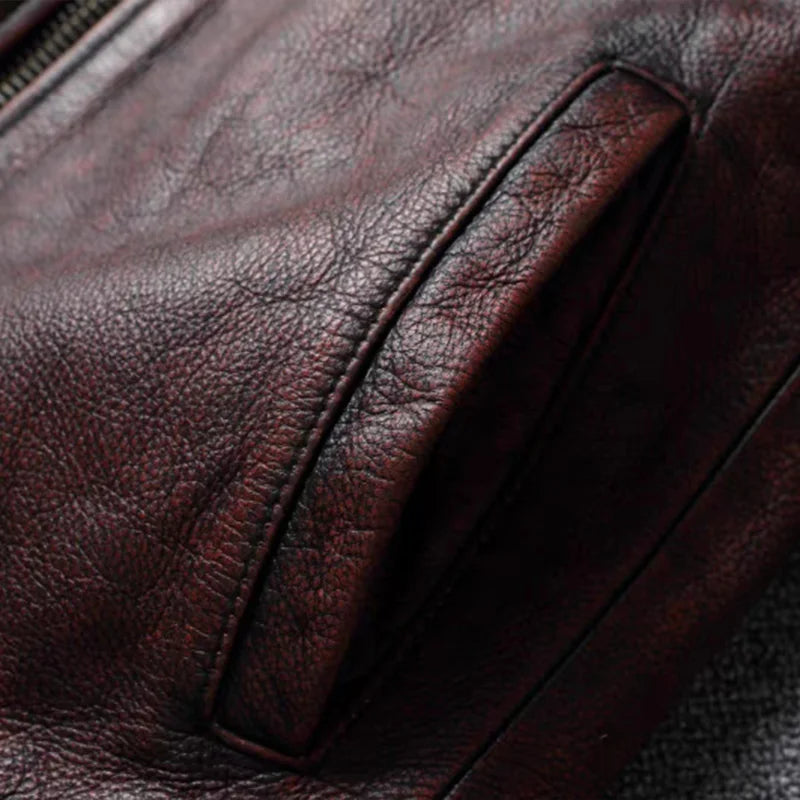 Retro Distressed Lapel First Layer Cowhide Leather Motorcycle — product photo 6 of 6