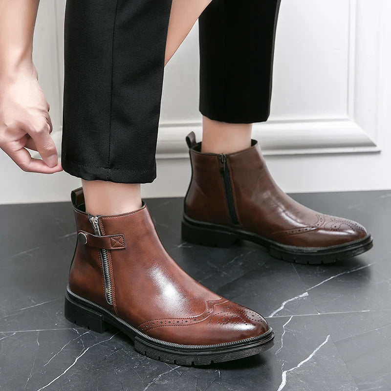 Double Zipper Casual Leather Luxury Brogue Mens Designer