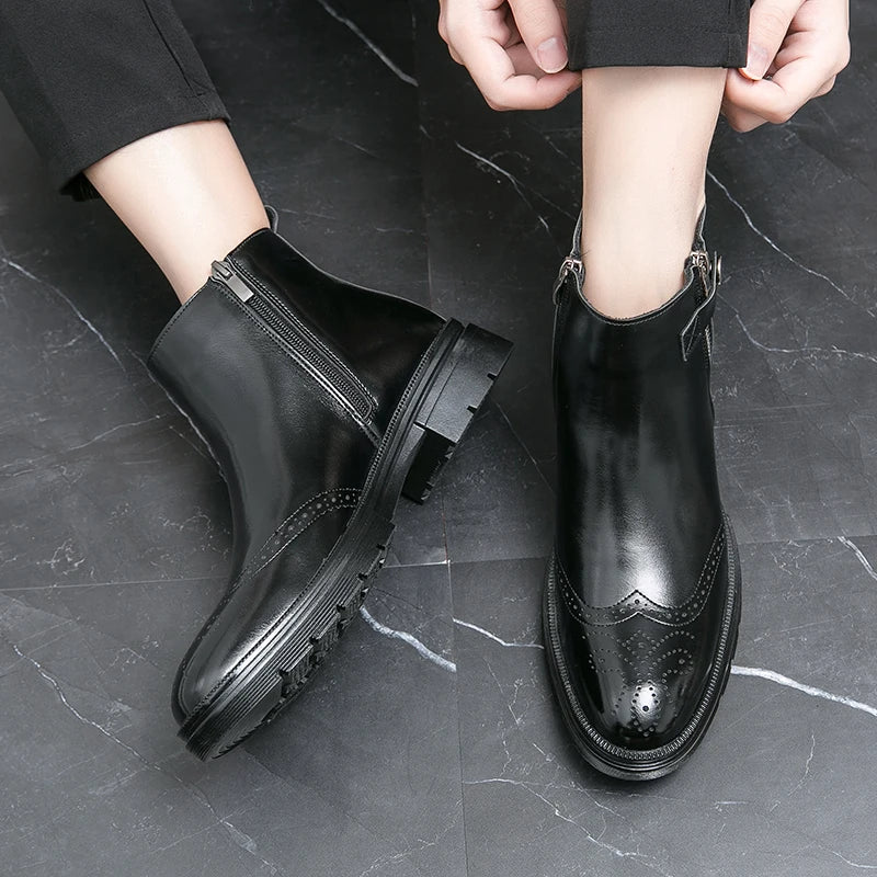Double Zipper Casual Leather Luxury Brogue Mens Designer