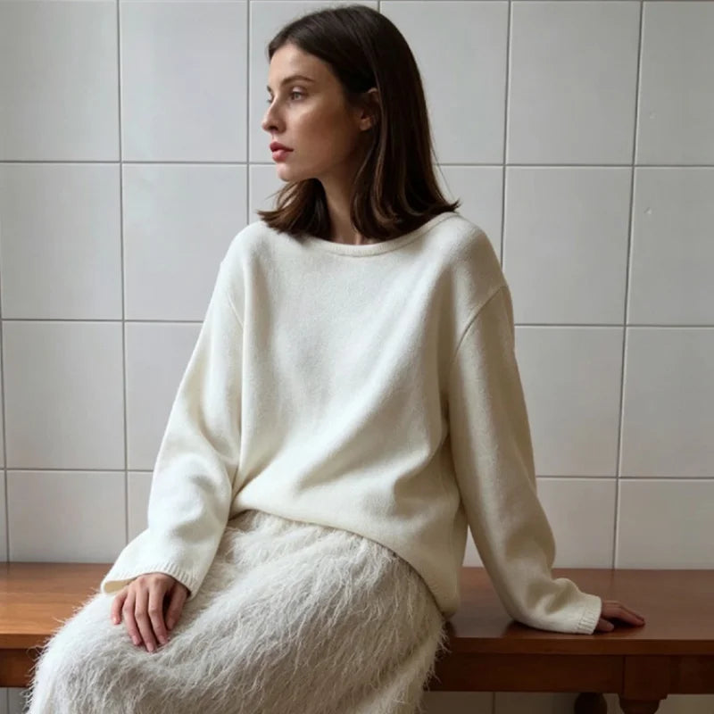 Casual Knitted Sweater Round Neck Open Back Long — main product photo