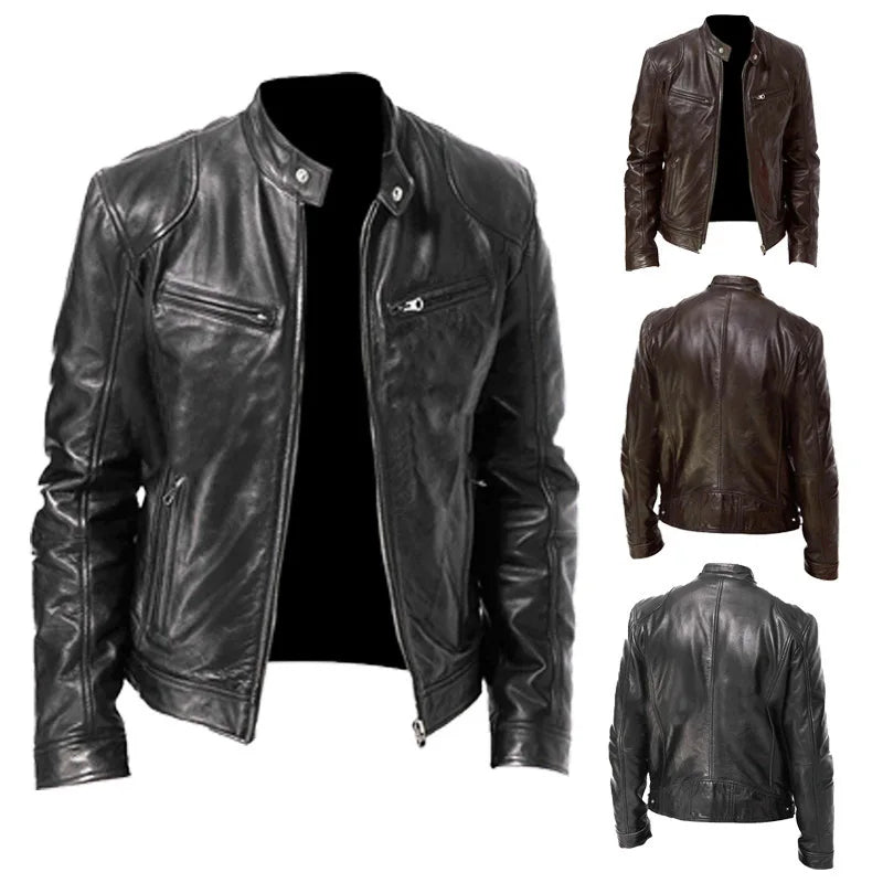 Fashion Men Stand Collar Motorcycle Leather Jackets Multi-pockets — product photo 4 of 6
