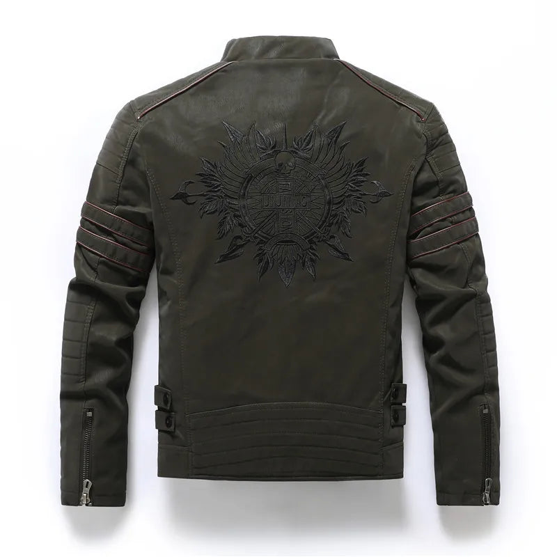 Men's Frosted Retro Embroidery Zipper Leather Jacket — product photo 5 of 6