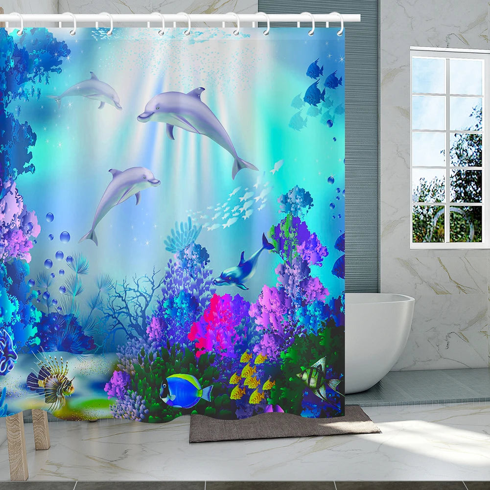 Dolphin Shower Curtain Blue Underwater World Marine Life — product photo 3 of 6