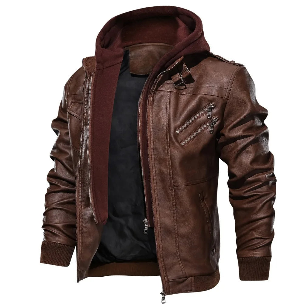 Men Hooded PU Leather Jacket Autumn Winter Retro — main product photo