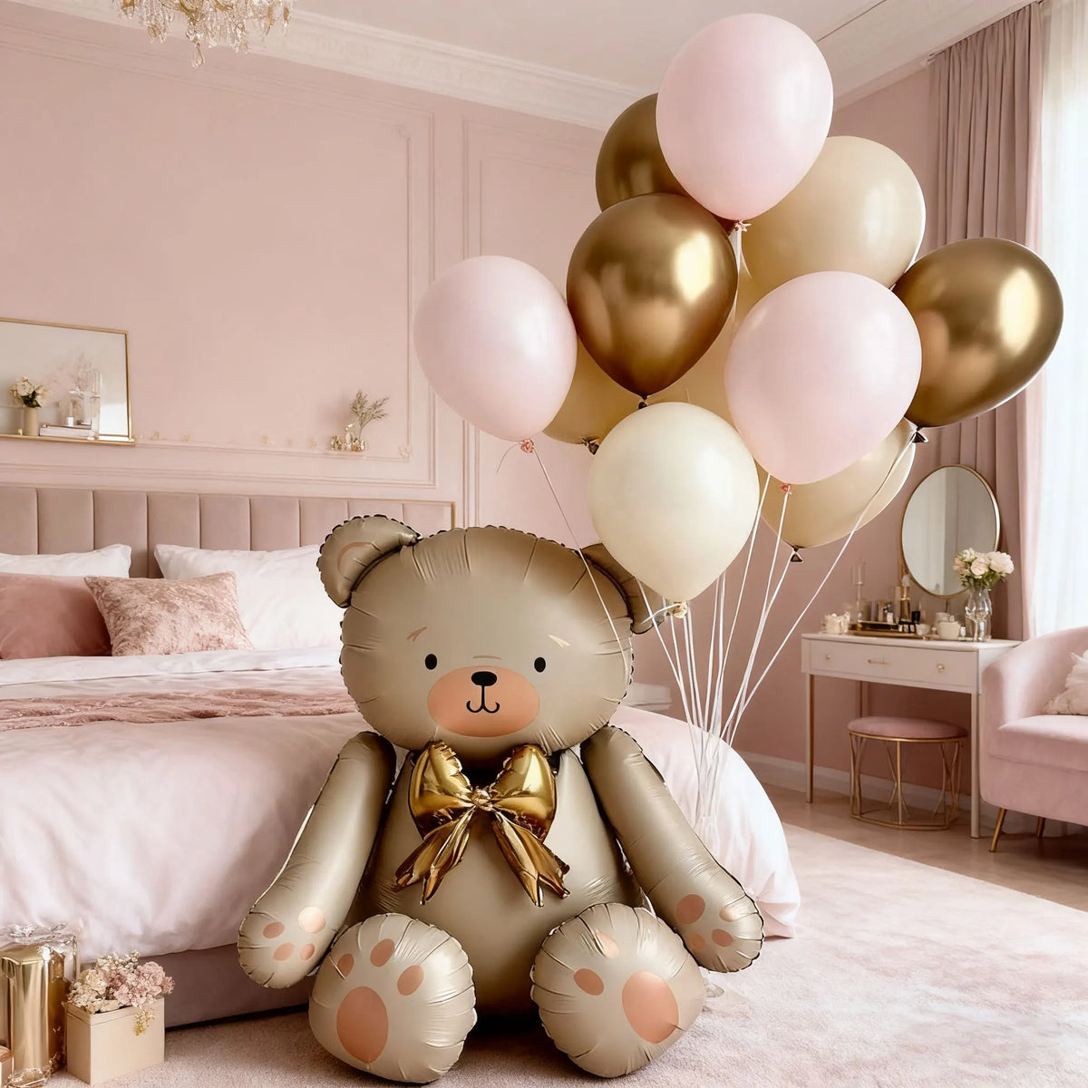 Matte white bow teddy bear balloon set latex — main product photo