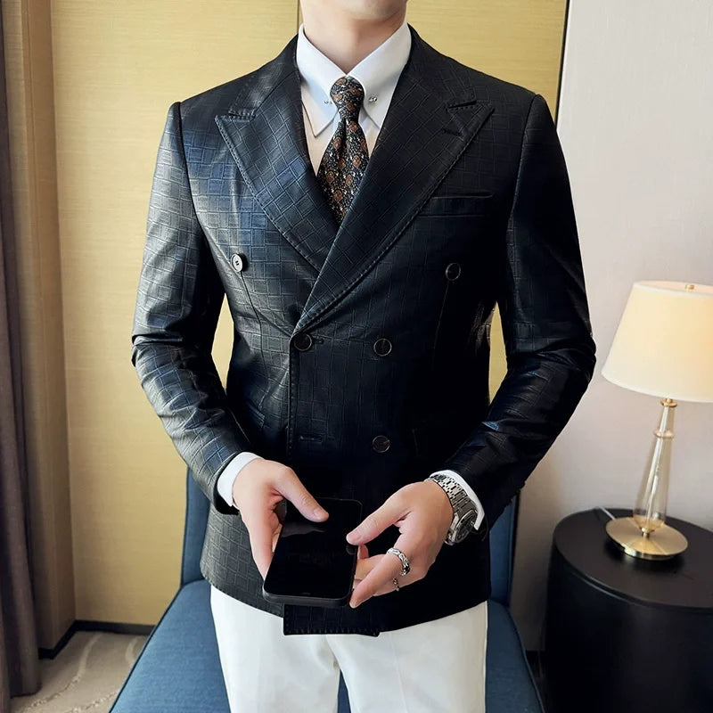 High Quality Square Grid Double Breasted Leather Jacket — product photo 5 of 6