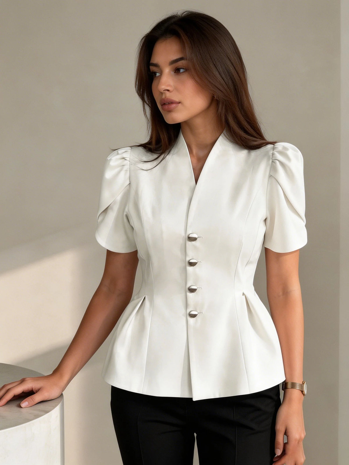 Elegant V Neck Puff Sleeve Peplum Blazer Women — product photo 6 of 6