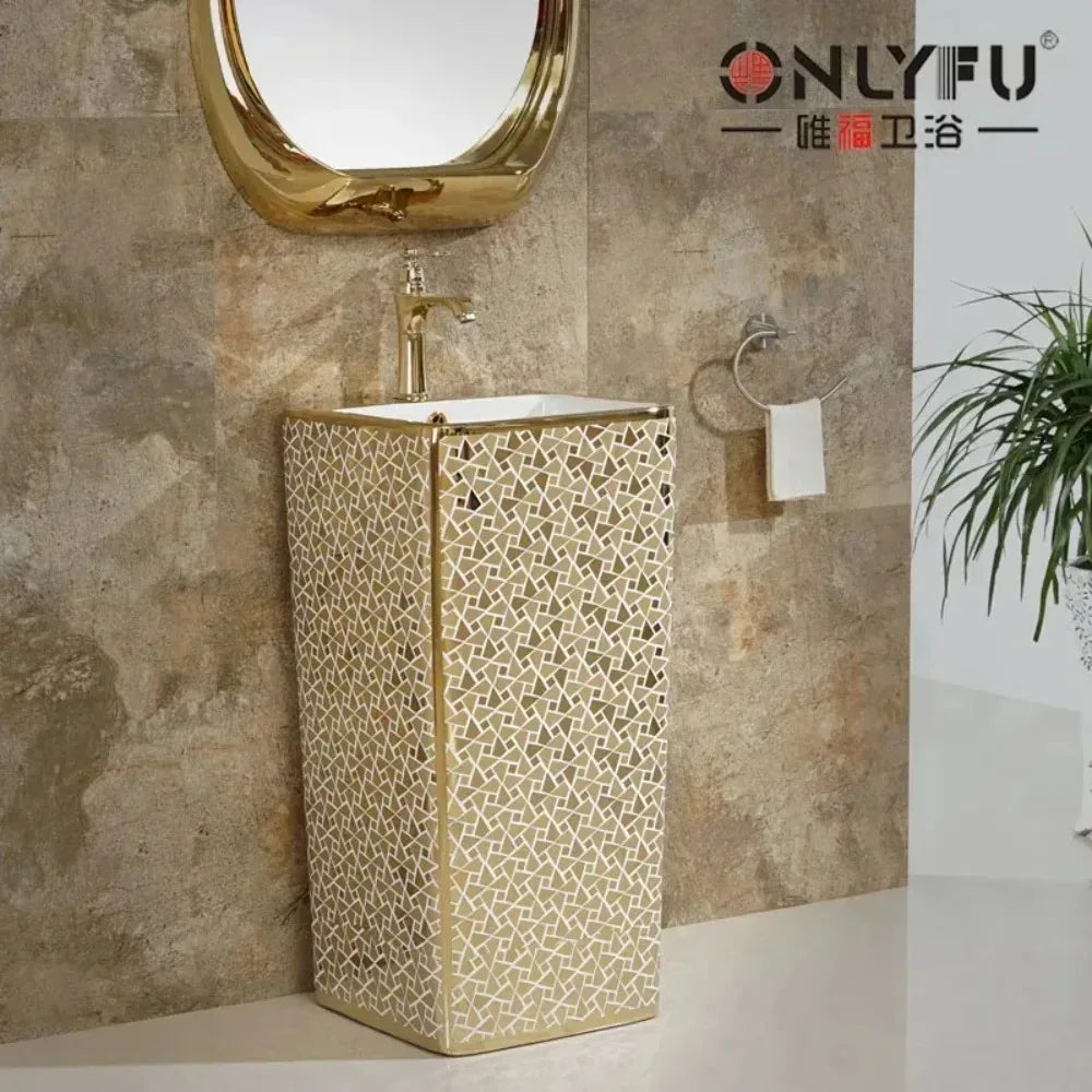 Luxury Gold One-Piece Pedestal Sink European Style Floor-Standing — product photo 3 of 6