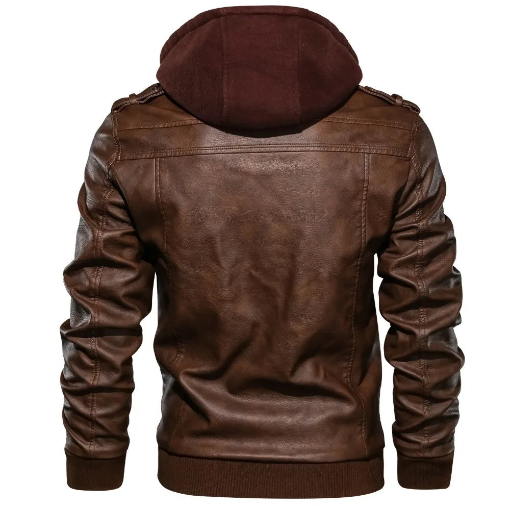Men Hooded PU Leather Jacket Autumn Winter Retro — product photo 3 of 6