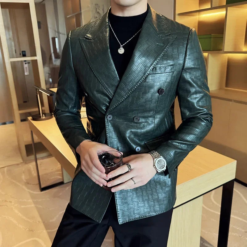 High Quality Square Grid Double Breasted Leather Jacket — main product photo