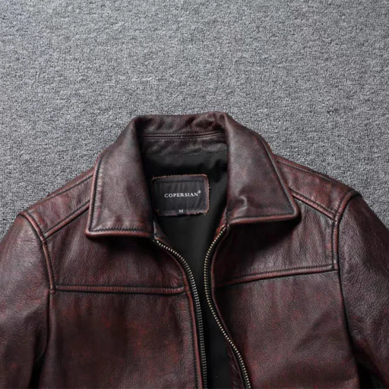 Retro Distressed Lapel First Layer Cowhide Leather Motorcycle — product photo 5 of 6