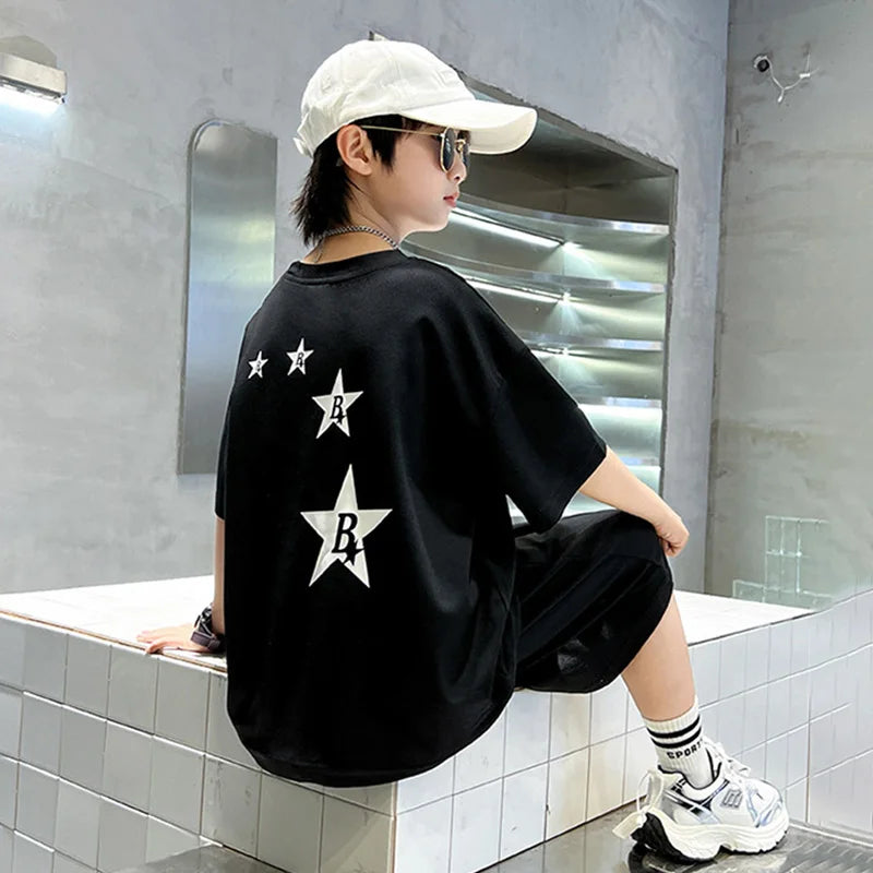 Summer Teenager Boys Clothing Set Cotton Letter Short — product photo 5 of 6