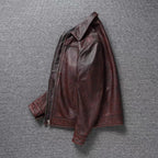 Retro Distressed Lapel First Layer Cowhide Leather Motorcycle — product photo 4 of 6