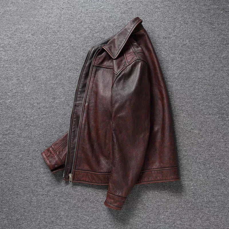 Retro Distressed Lapel First Layer Cowhide Leather Motorcycle — product photo 4 of 6
