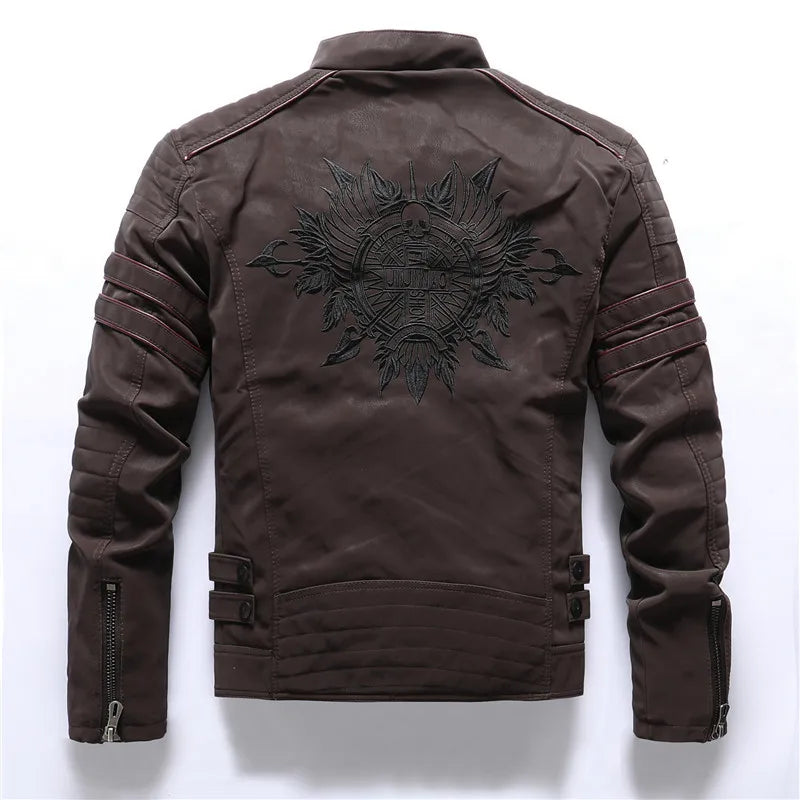 Men's Frosted Retro Embroidery Zipper Leather Jacket — product photo 4 of 6