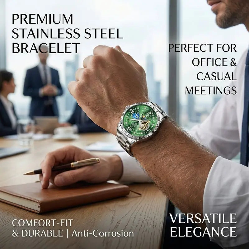 1pc Mechanical Tourbillon Watch Green Dial Steel Strap — product photo 5 of 6