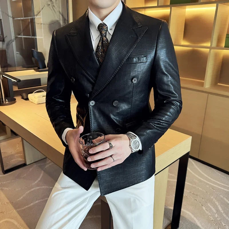 High Quality Square Grid Double Breasted Leather Jacket — product photo 4 of 6