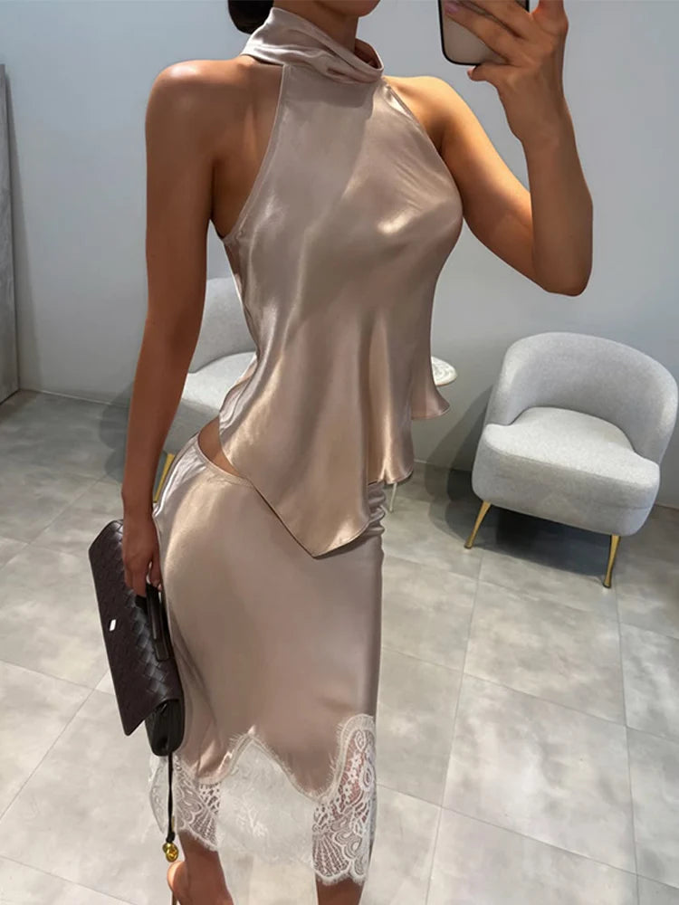 Lace Patchwork Women Suits 2 Piece Set (Halter — product photo 5 of 5