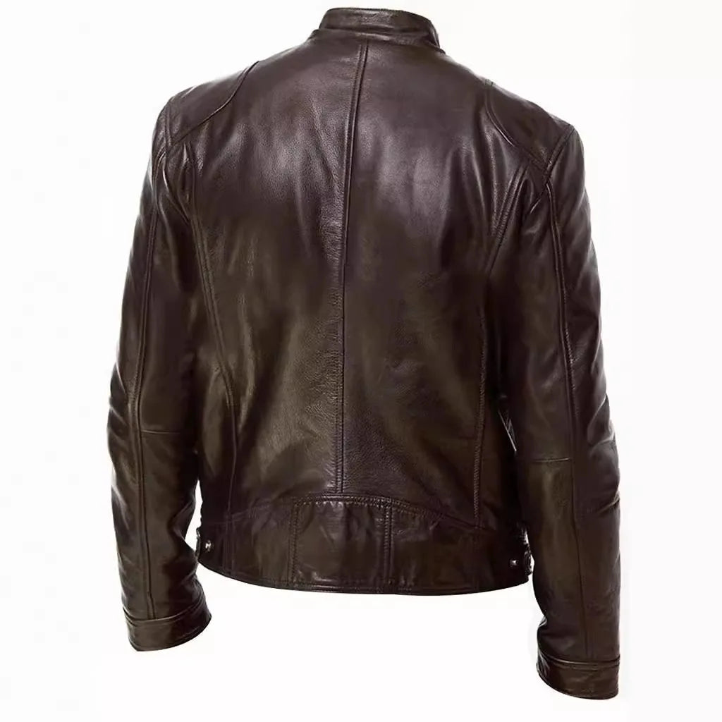Fashion Men Stand Collar Motorcycle Leather Jackets Multi-pockets — product photo 5 of 6