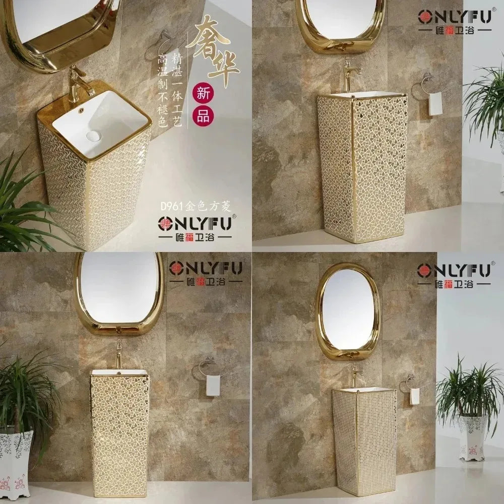 Luxury Gold One-Piece Pedestal Sink European Style Floor-Standing — main product photo