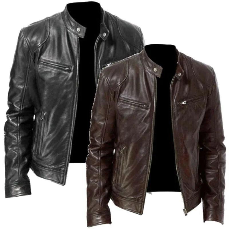 Fashion Men Stand Collar Motorcycle Leather Jackets Multi-pockets — product photo 6 of 6