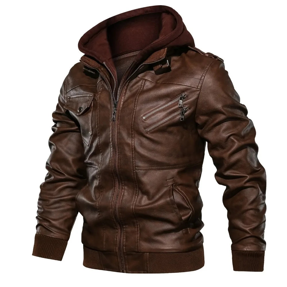 Men Hooded PU Leather Jacket Autumn Winter Retro — product photo 2 of 6