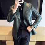 High Quality Square Grid Double Breasted Leather Jacket — product photo 6 of 6