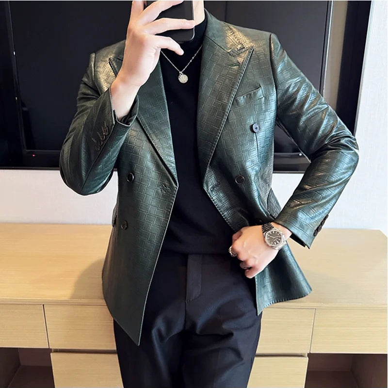 High Quality Square Grid Double Breasted Leather Jacket — product photo 6 of 6