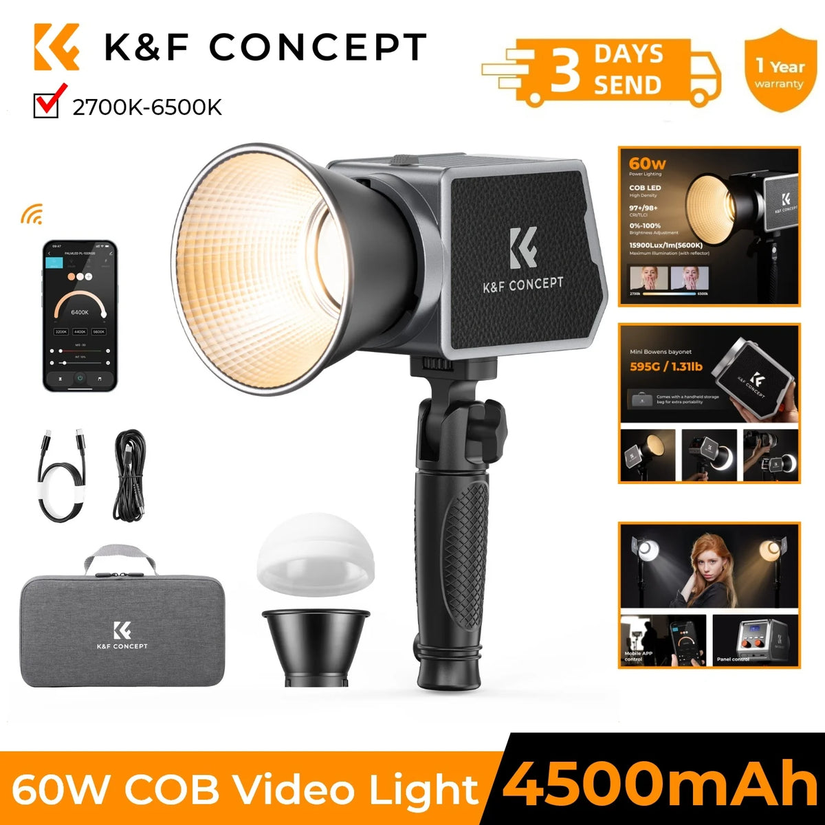 K&F CONCEPT PL-60B 5600K 60W COB Photography Light — main product photo