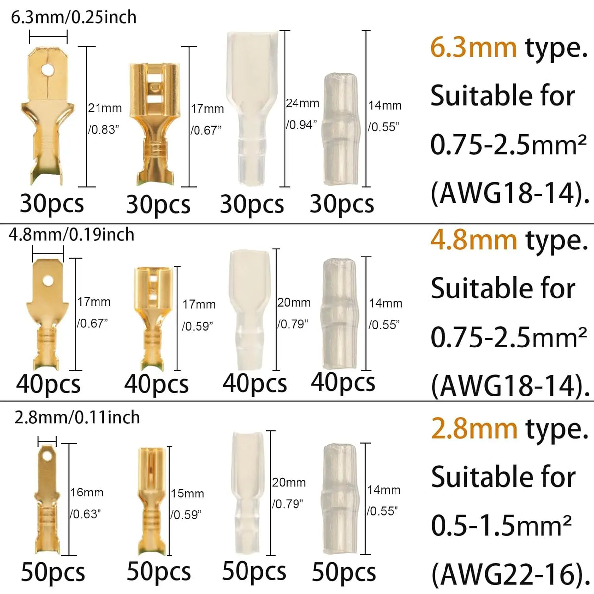 480pcs 2.8mm 4.8mm 6.3mm Male and Female Spade — product photo 2 of 6