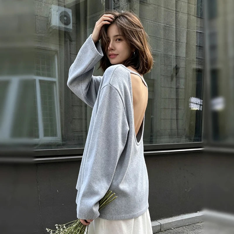 Casual Knitted Sweater Round Neck Open Back Long — product photo 6 of 6