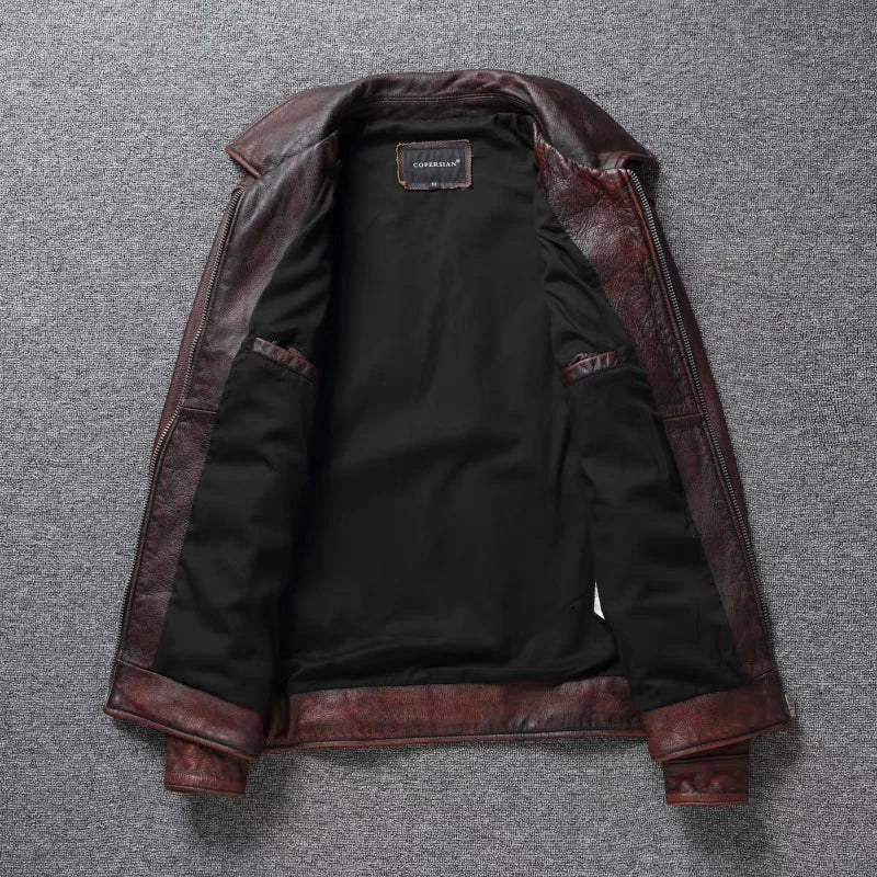 Retro Distressed Lapel First Layer Cowhide Leather Motorcycle — product photo 3 of 6