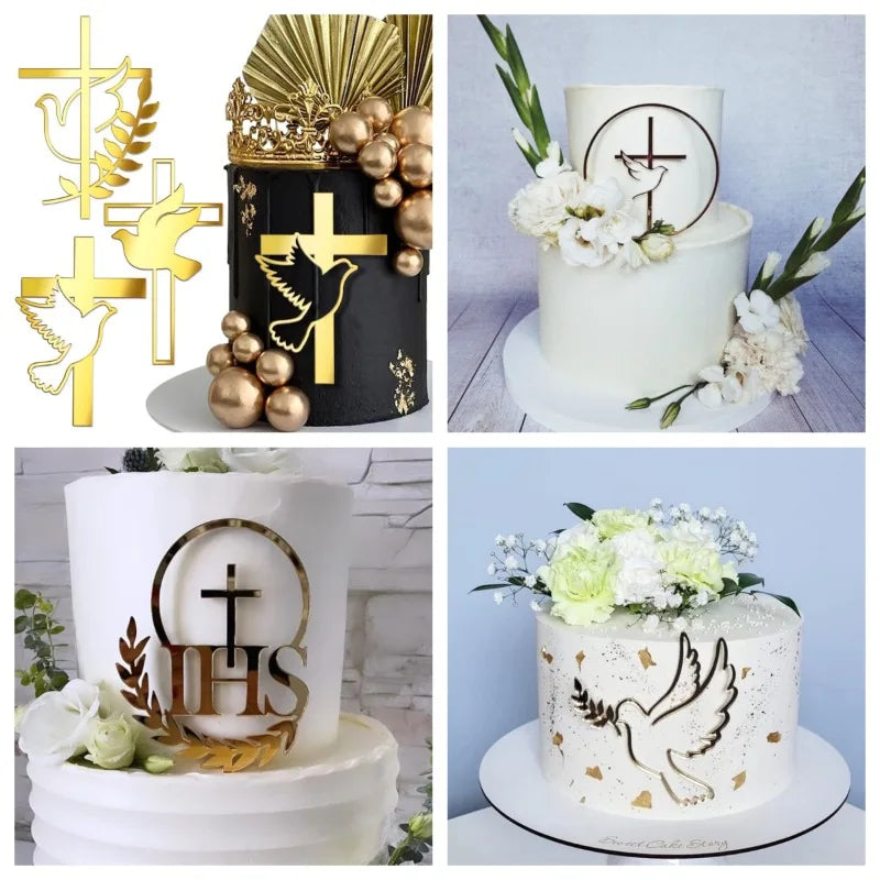 Ins Cross Christ Birthday Cake Topper Gold Acrylic — main product photo