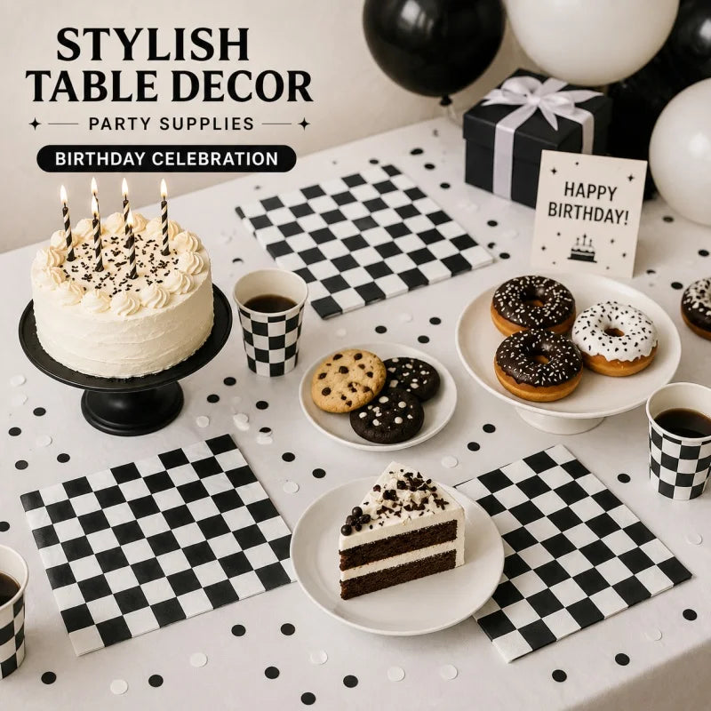 Black And White Plaid Napkin Happy Birthday Party — main product photo