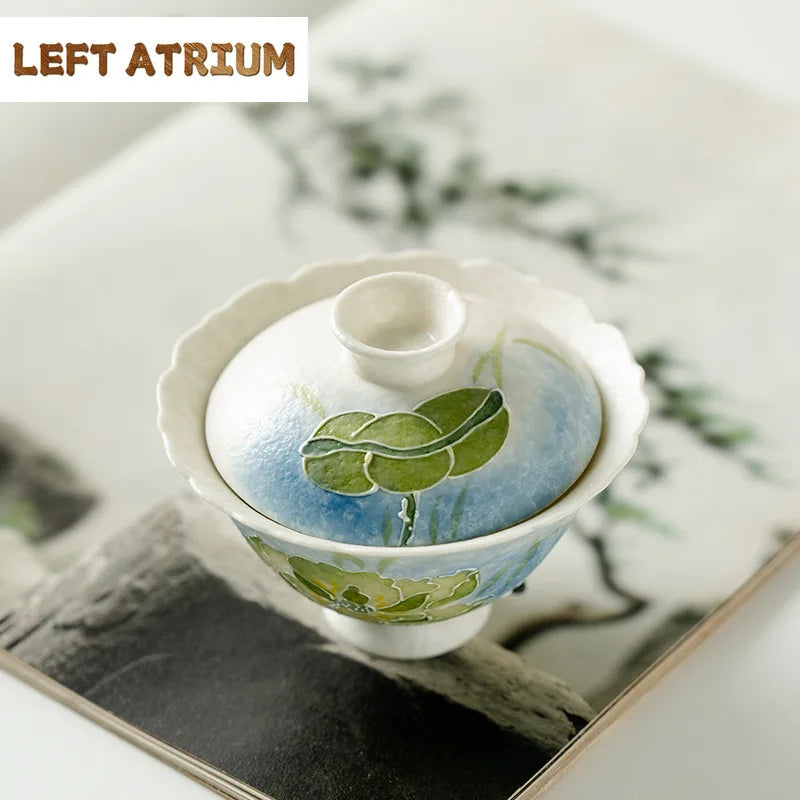 100ml Chinese Ceramic Gaiwan Hand-painted Green Flower Teacup — product photo 3 of 6