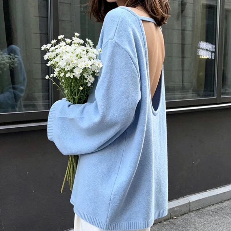 Casual Knitted Sweater Round Neck Open Back Long — product photo 4 of 6