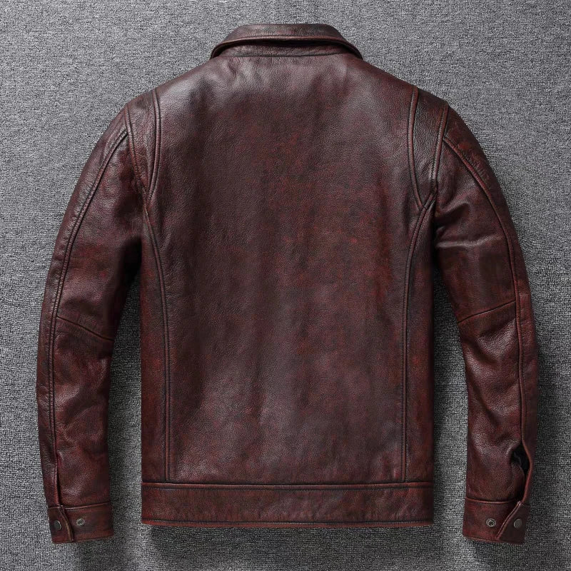 Retro Distressed Lapel First Layer Cowhide Leather Motorcycle — product photo 2 of 6