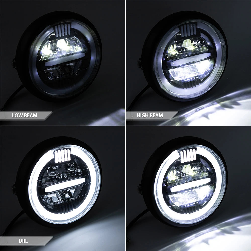Retro Motorbike LED Headlight Assembly Halo Ring DRL — product photo 2 of 6