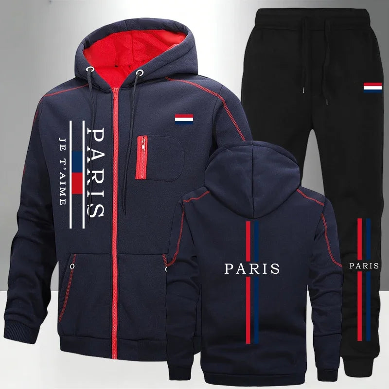 PARIS Pattern Zipper Hoodie Sweatpants Autumn Winter Casual — product photo 2 of 6