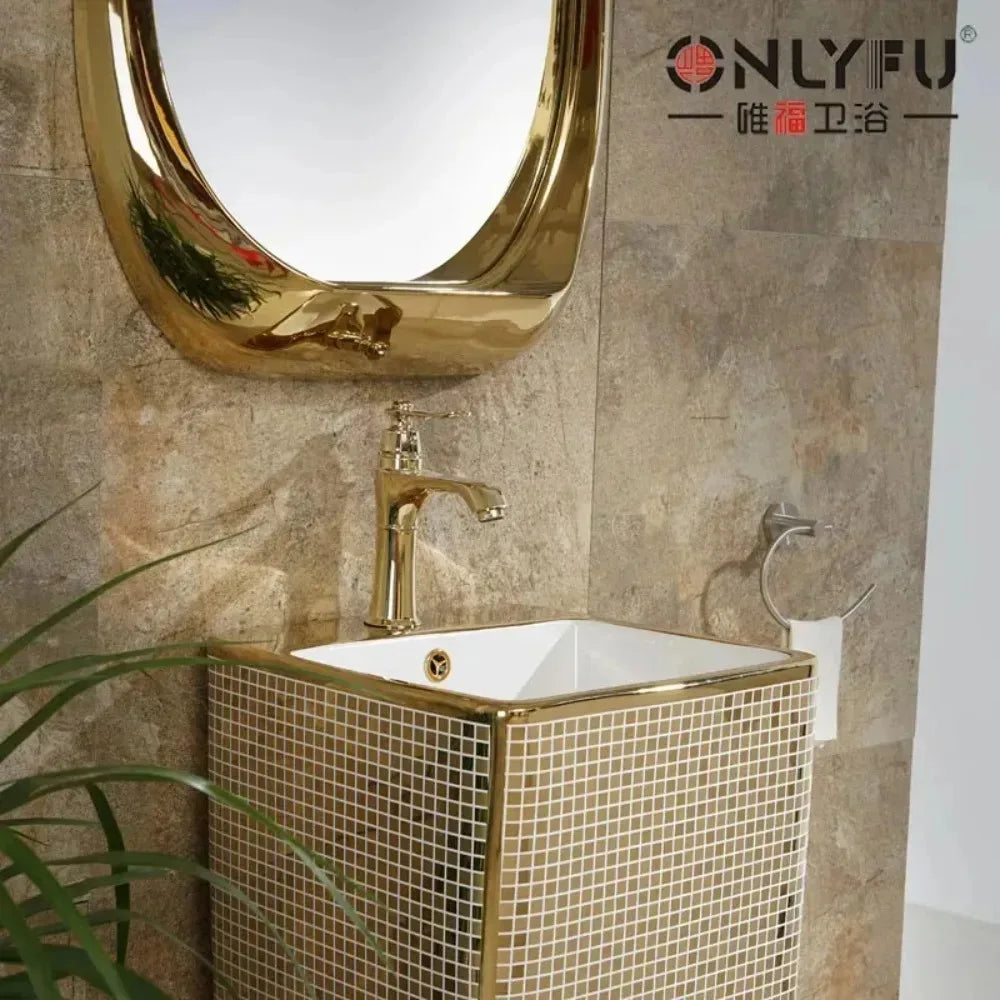 Luxury Gold One-Piece Pedestal Sink European Style Floor-Standing — product photo 6 of 6