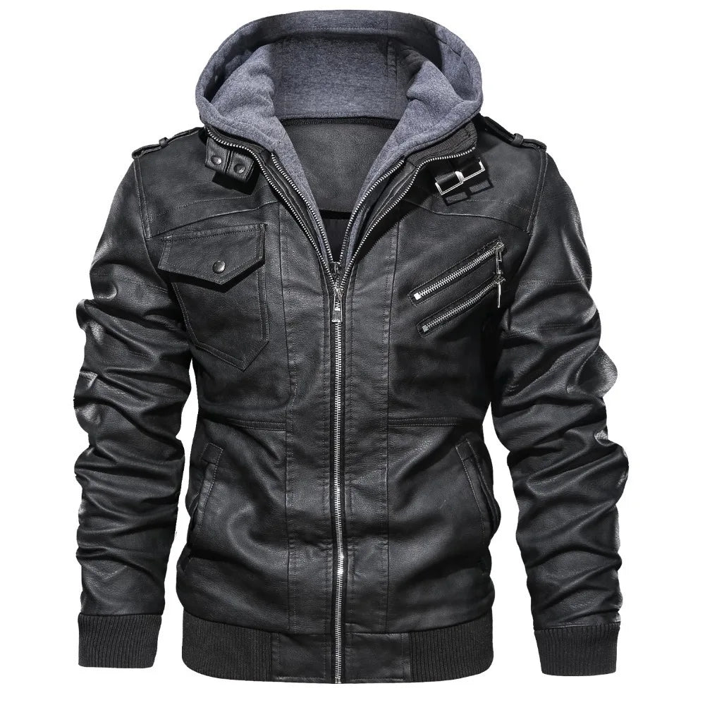 Men Hooded PU Leather Jacket Autumn Winter Retro — product photo 6 of 6
